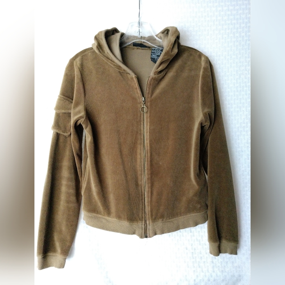 Velour Hoodie Jacket Moss Green Y2K Size Juniors 7 9 Chest 32"